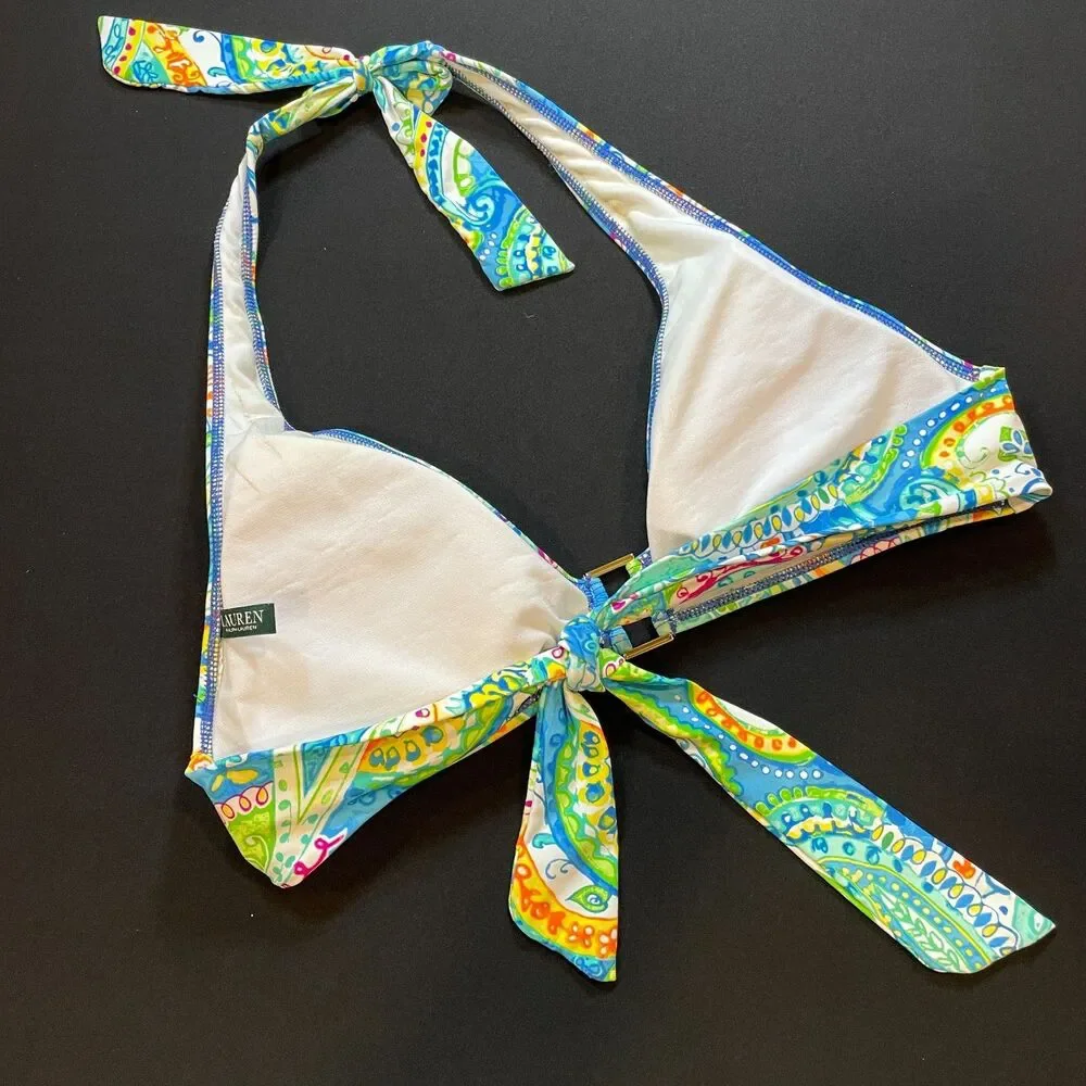 ~ Lauren Ralph Lauren Bikini Top, D/DD/LG/XL* Ring Front Halter Tie LRL Tropical
